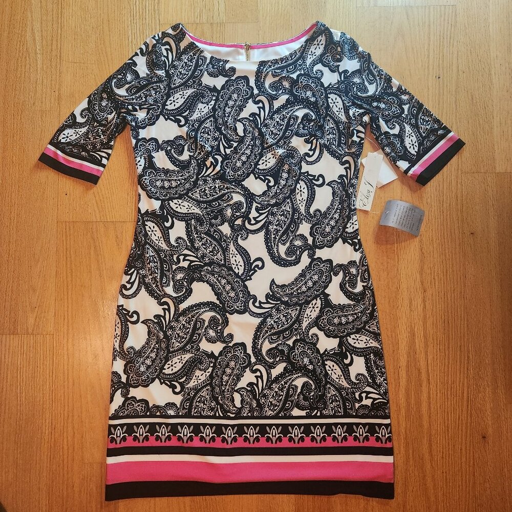 Eliza J Womens Shift Dress Size 8 Short Sleeves Black Pink Paisley Print Lined